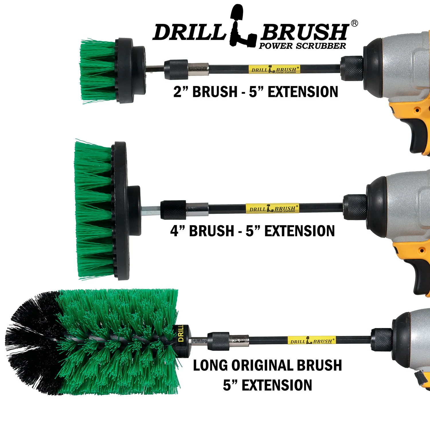 4in Flat Brush, 2in Short Brush, and Jumbo Original all in Medium Green Plus 5" Extension - Kitchen Drill Brushes with Long Reach Extender | G-S-42J-5X-QC-DB - Image 3