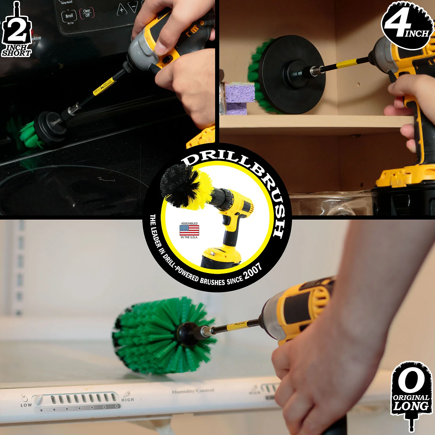 4in Flat Brush, 2in Short Brush, and Jumbo Original all in Medium Green Plus 5" Extension - Kitchen Drill Brushes with Long Reach Extender | G-S-42J-5X-QC-DB - Image 4