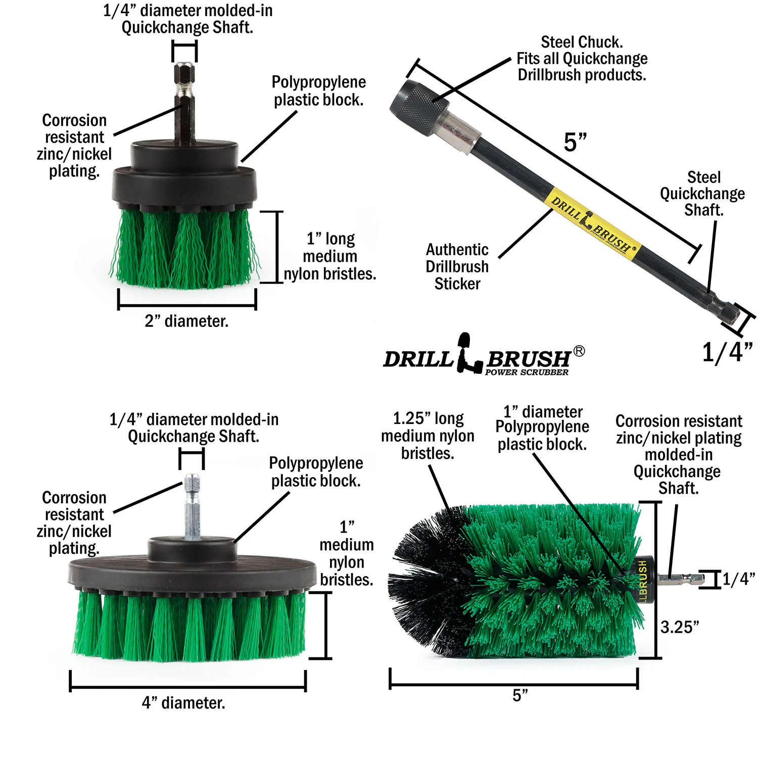 4in Flat Brush, 2in Short Brush, and Jumbo Original all in Medium Green Plus 5" Extension - Kitchen Drill Brushes with Long Reach Extender | G-S-42J-5X-QC-DB - Image 5