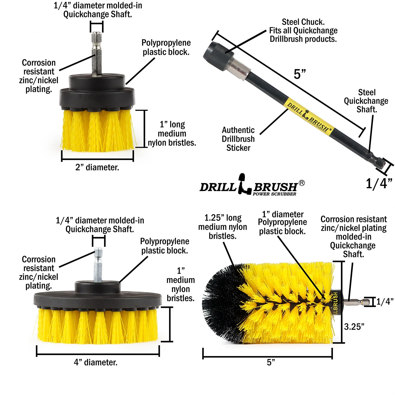 4in Flat Brush, 2in Short Brush, and Jumbo Original all in Medium Yellow Plus 5" Extension - All Purpose Cleaner with Extender | Y-S-42J-5X-QC-DB - Image 5