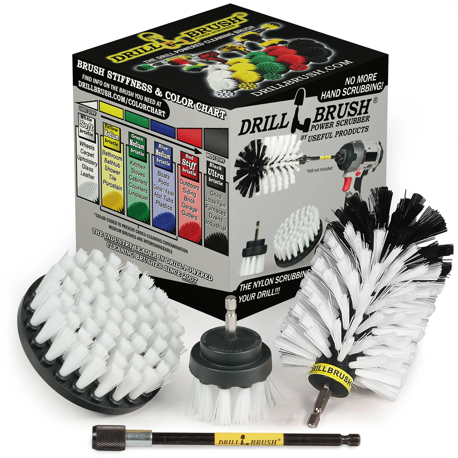 4in Flat Brush, 2in Short Brush, and Jumbo Original all in Soft White Plus 5" Extension - Automotive Cleaning kit with Extended Reach Attachment | W-S-42J-5X-QC-DB