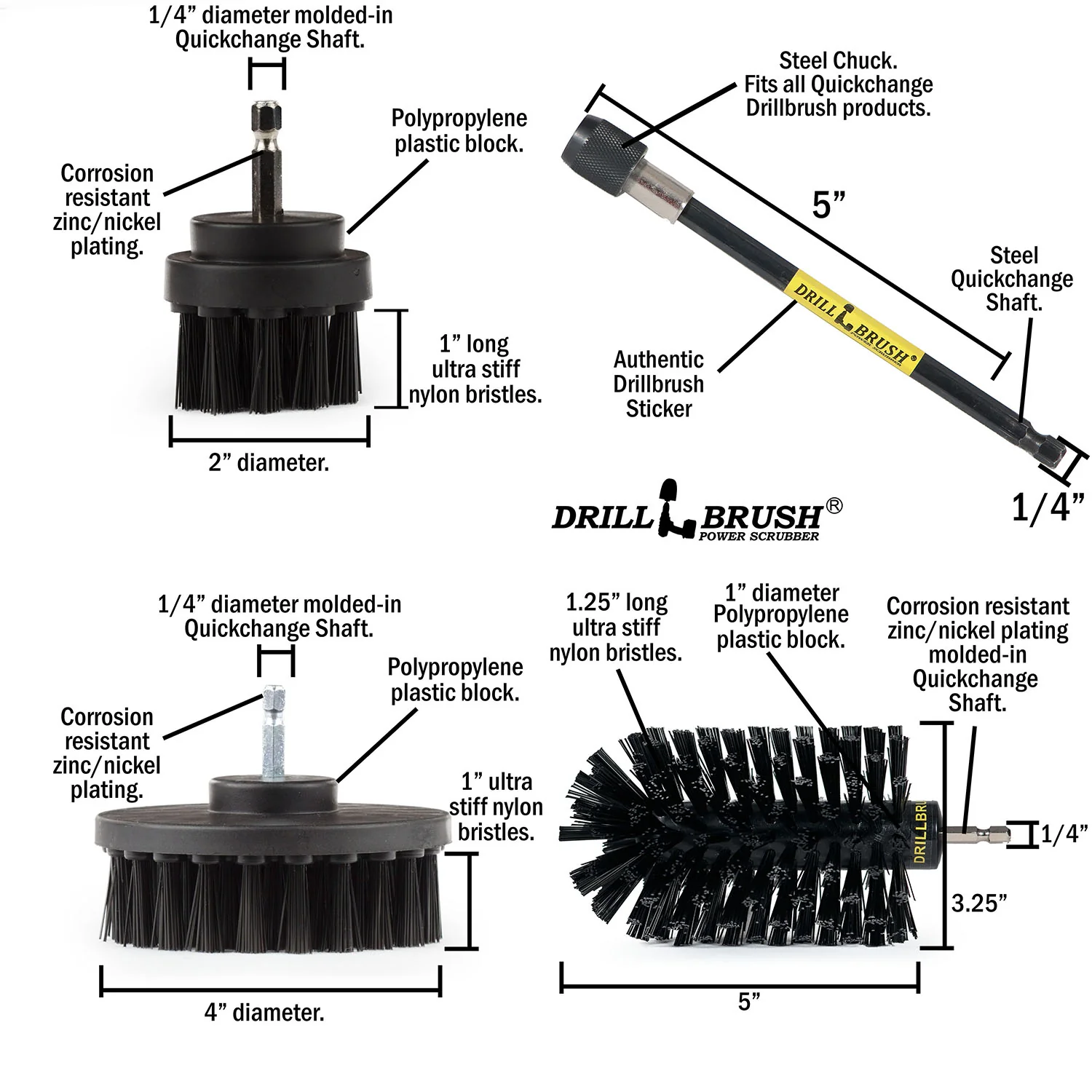 4in Flat Brush, 2in Short Brush, and Jumbo Original all in Ultra Stiff Black Plus 5" Extension - Wire Brush Replacement | K-S-42J-5X-QC-DB - Image 5