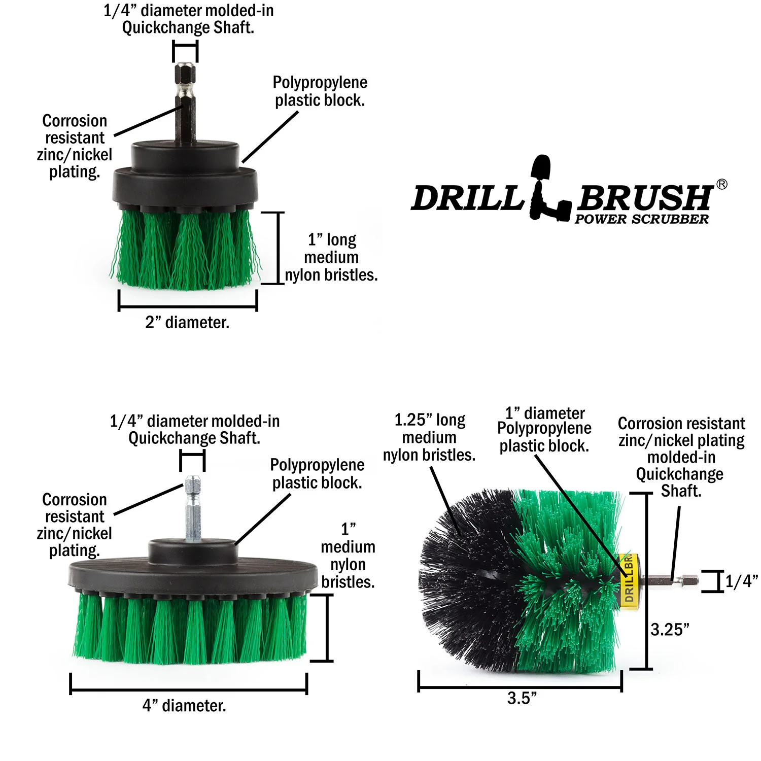 Original, 4in, & 2in Medium Green Brushes w/ 4in Variety Pads - Kitchen Cleaning | S-G42O-P4-2WRB-3V-QC-DB - Image 6