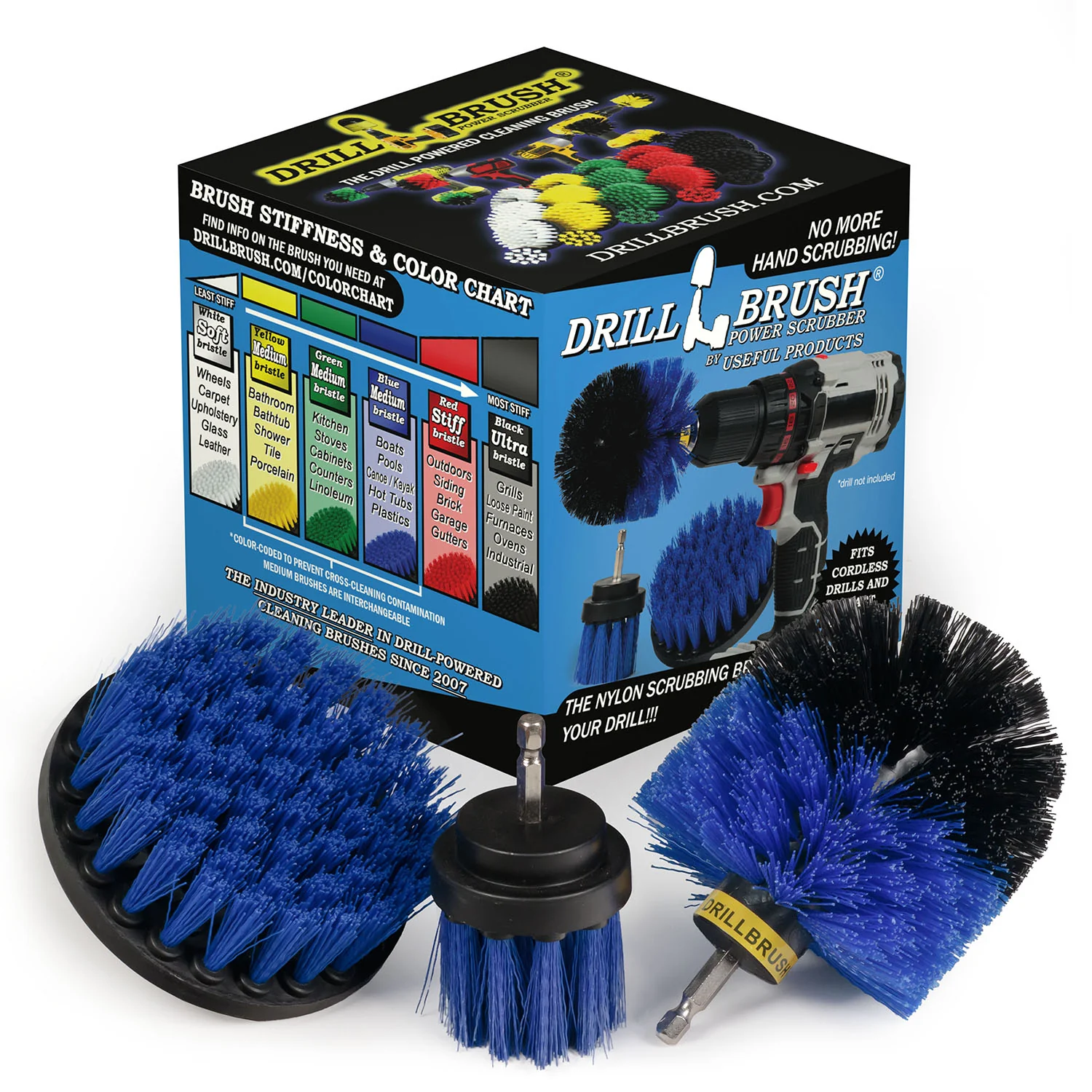 Original, 4in, & 2in-L Blue Brushes - Medium Bristles - Marine & Pool Cleaning | B-4OS-2L-QC-DB
