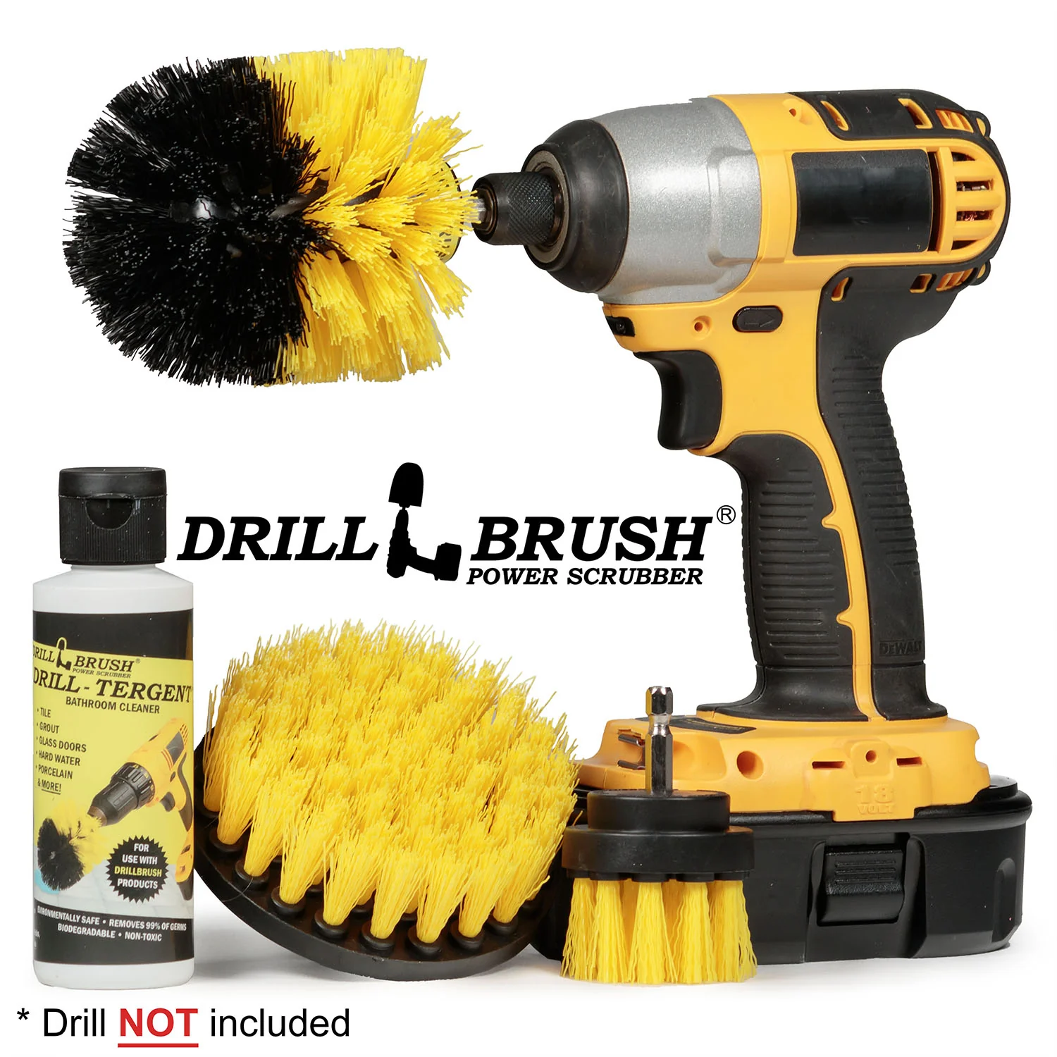 Drill-Tergent Bathroom Cleaner w/ Original, 4in, & 2in Yellow Brushes - Medium Stiffness - Bathroom & Shower Cleaning | Y-S-42O-QC-DB - Image 2