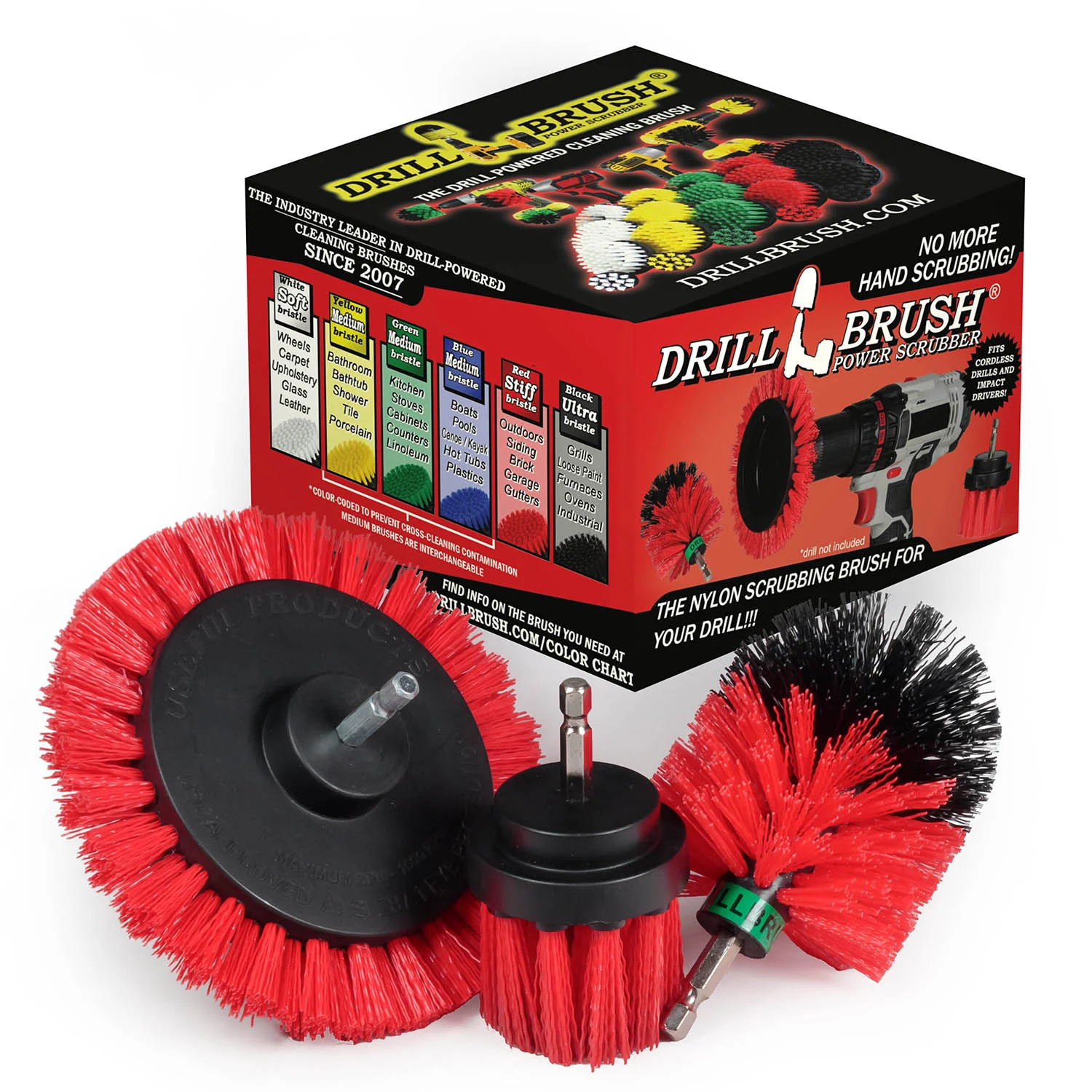 Edge Brush, 2in Long, and Mini Original Brush all in Stiff Red - Outdoor Power Scrubber | R-EMS-2L-QC-DB