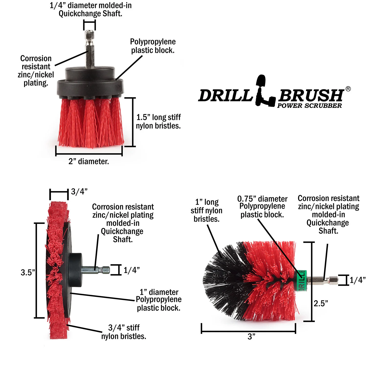 Edge Brush, 2in Long, and Mini Original Brush all in Stiff Red - Outdoor Power Scrubber | R-EMS-2L-QC-DB - Image 5