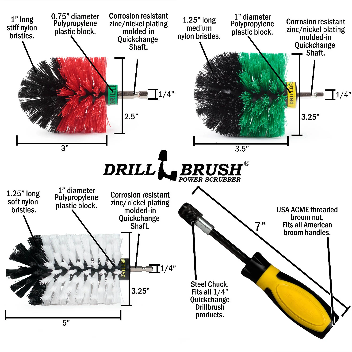 Jumbo, Original, and Mini Brushes w/ Handle Kit - Soft, Medium & Stiff Bristles - Household Variety Cleaning | WJ-GO-RM-HD-S-QC-DB - Image 4