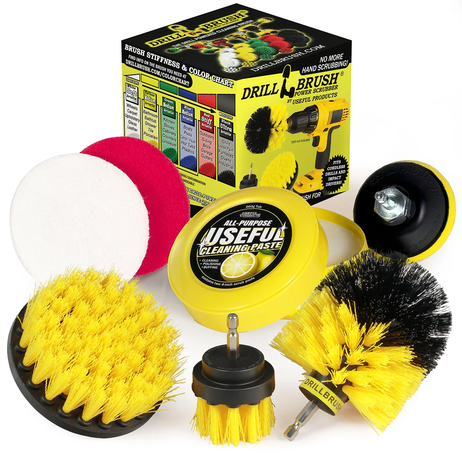 Medium Yellow 4in, 2in Short, & Original Brush Kit with Useful All-Purpose Cleaning Paste Bundle - Medium Bristles - 260g Multi-Purpose Cleaning Paste | Y-S-42O-3V-QC-DB-UP1