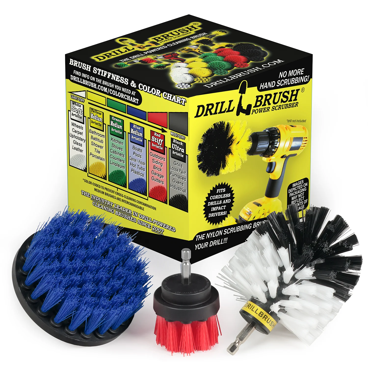 Original, 4in, & 2in Variety Brushes - Soft, Medium, & Stiff Bristles - General Household Cleaning | WO-B4-R2-S-QC-DB