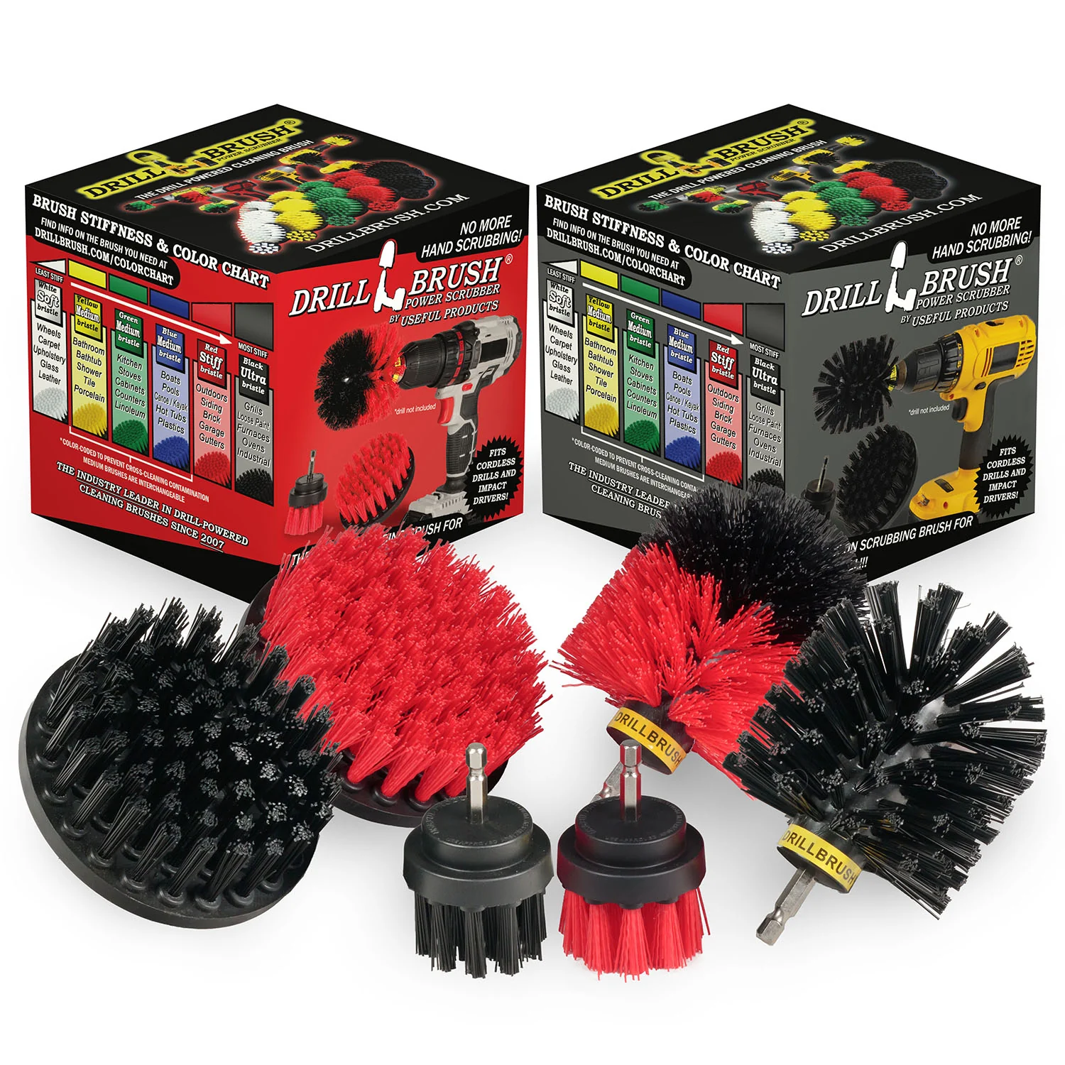 Original, 4in, and 2in Red and Black Brush Bundle Pack - Stiff & Ultra Stiff Bristles - Outdoor, Patio, Grill & Industrial Cleaning | S-R42O-K42O-QC-DB