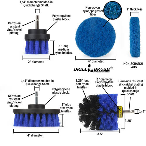 Original, 4in, & 2in Blue Brushes w/ Pads - Medium Bristles - Pool & Marine | S-B42O-P4-3B-3V-QC-DB - Image 5