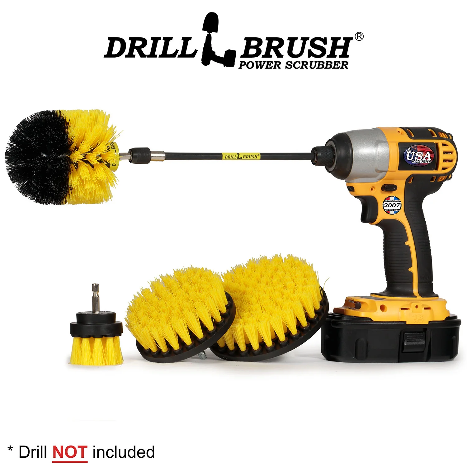 Original, 5in, 4in, and 2in Yellow Brushes w/ 7in Extension - Medium Bristles - Bathroom & Shower Cleaning | Y-S-542O-7X-QC-DB - Image 2
